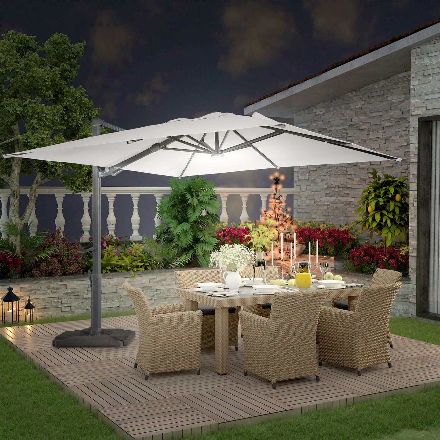 Mondawe 10ft Solar-Powered Cantilever Umbrella 90¡ã Adjustable Tilt Patio Umbrella with Base