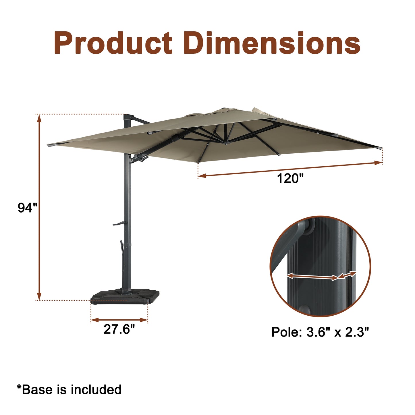 10ft/13ft Square Aluminum 90° Adjustable Tilt Umbrella with Base for Outdoor Patio Umbrella