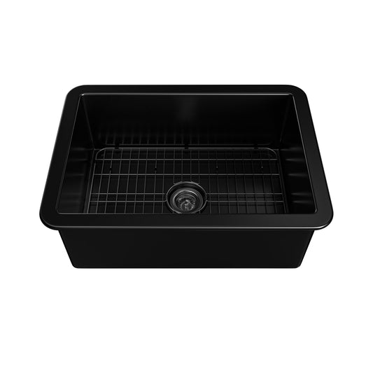 MONDAWE Undermount 27 in. Single Bowl Fireclay Kitchen Sink Comes With Stainless Steel Bottom Grid and Strainer