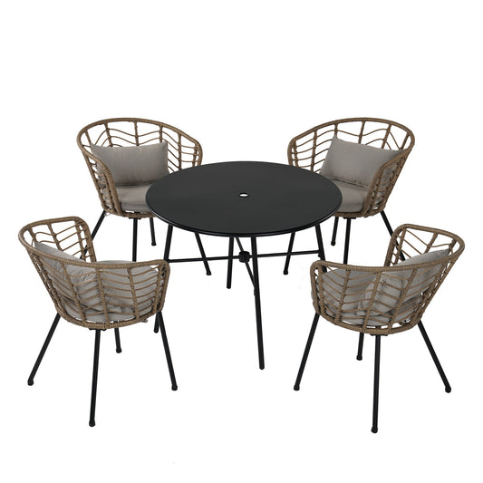 MONDAWE 5 Piece Metal Outdoor Seating Set Wicker Rattan Dining Set with Gray Cushion for Backyard