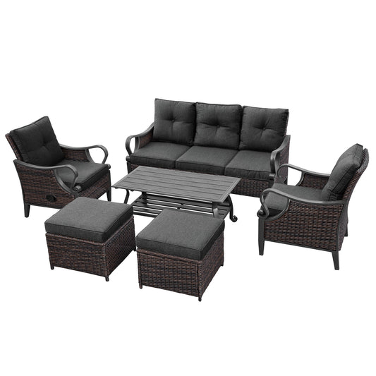 MONDAWE 6 Pcs Outdoor Sectional Sofa With Reclining Backrest, Ottomans, Light Gray Cushions