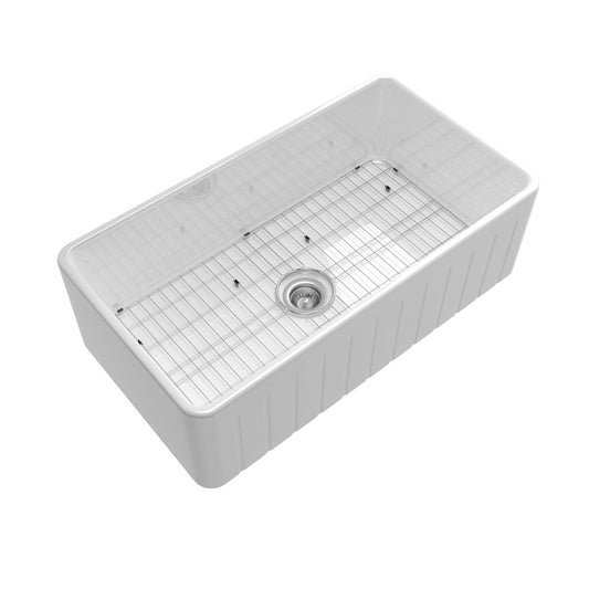 MONDAWE Farmhouse 33 in. single bowl fireclay kitchen sink comes with stainless steel bottom grid and strainer