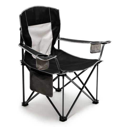 MONDAWE Black Metal Patio Folding Beach Chair Lawn Chair Camping Chair with Side Pockets and Cup Holder