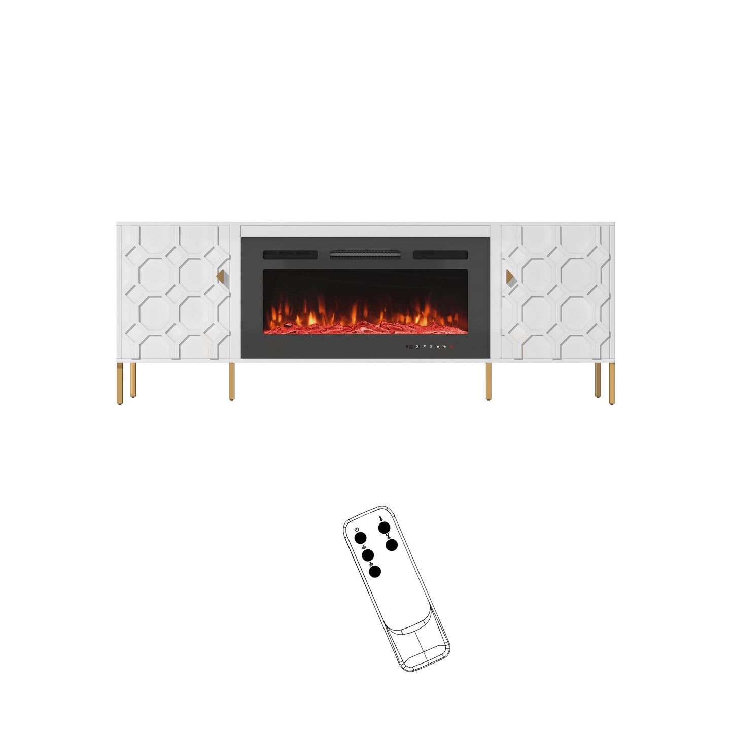 Mondawe 70Inch TV Stand with 36InchElectric Fireplace With Remote Control and Metal Feet/Side Cabinet,White