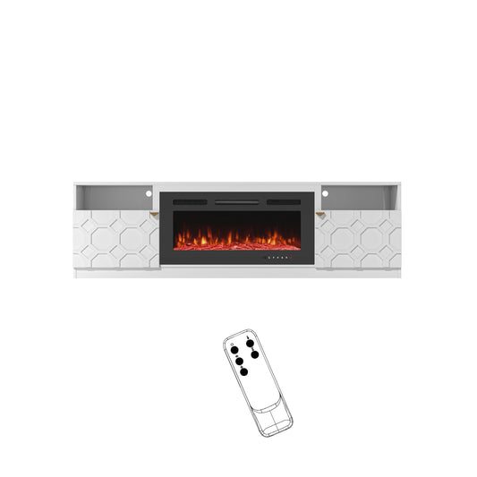 Mondawe 70Inch TV Stand with 36Inch Electric Fireplace With Remote Control and Side Cabinet,White