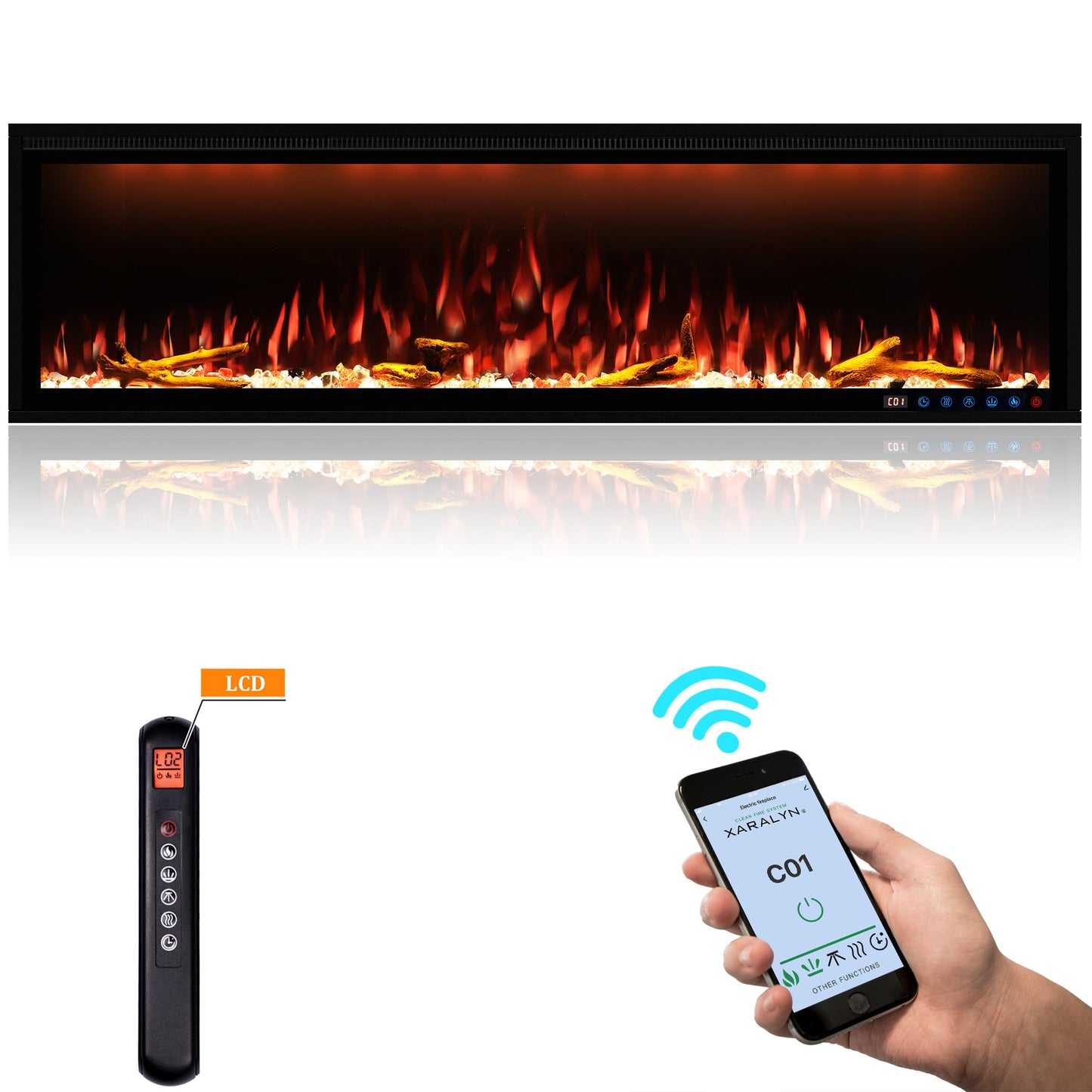 Mondawe 60Inch Smart Electric Fireplace,1500W,Sgs-Certified With 3 Top Light,13 Fuel Bed & Flame Colors