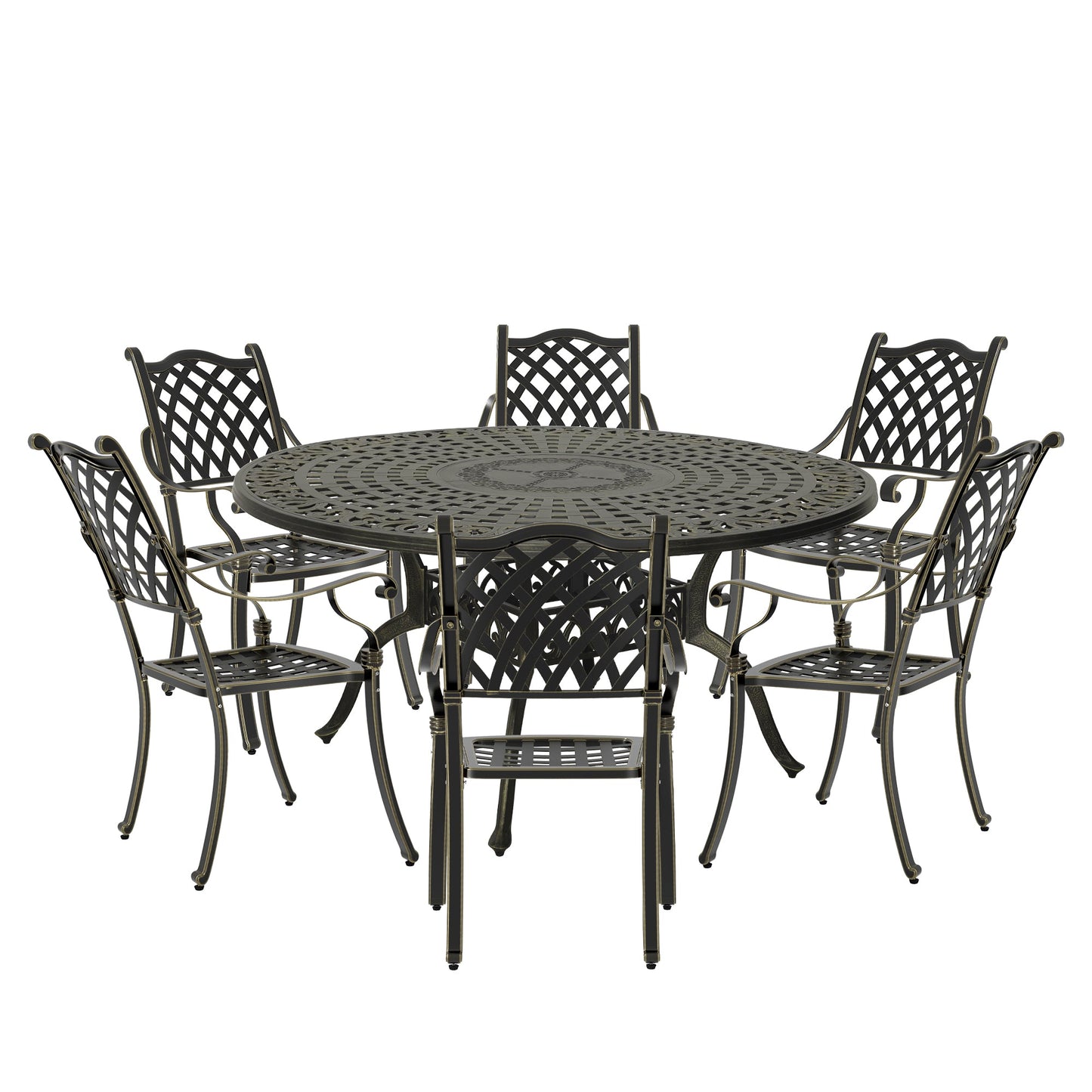 Mondawe Antique Bronze 7-Piece Cast Aluminum Patio Set with 59 Inches Round Dining Table