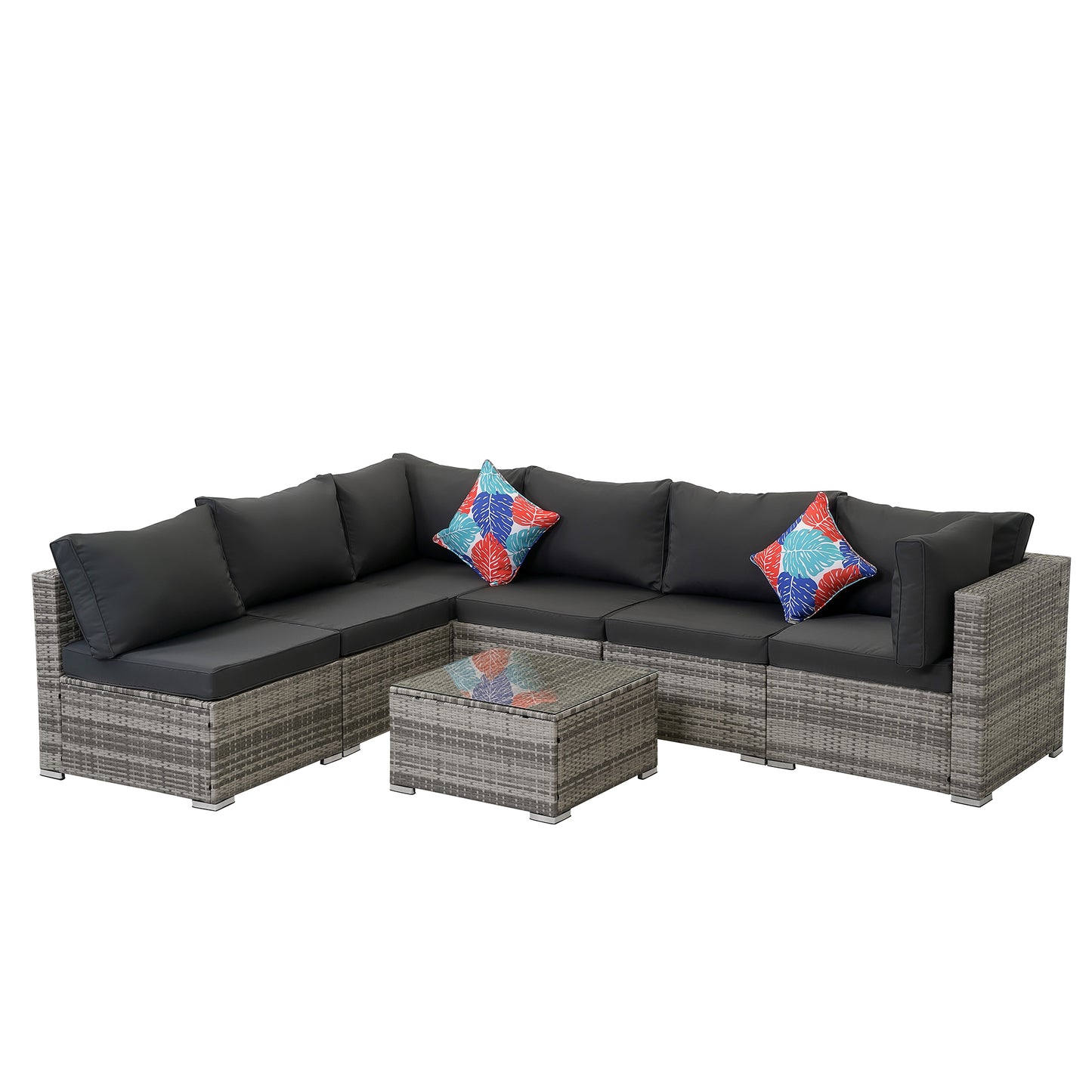 MONDAWE 7 Pieces Outdoor Sectional Set with Cushion,? All Weather PE Patio Ratten Sofa Set with Tempered Glass Desktop