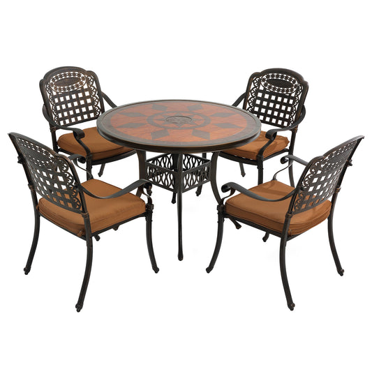 MONDAWE 5-Piece Cast Aluminum Outdoor Patio Dining Set with Dark Orange Cushions