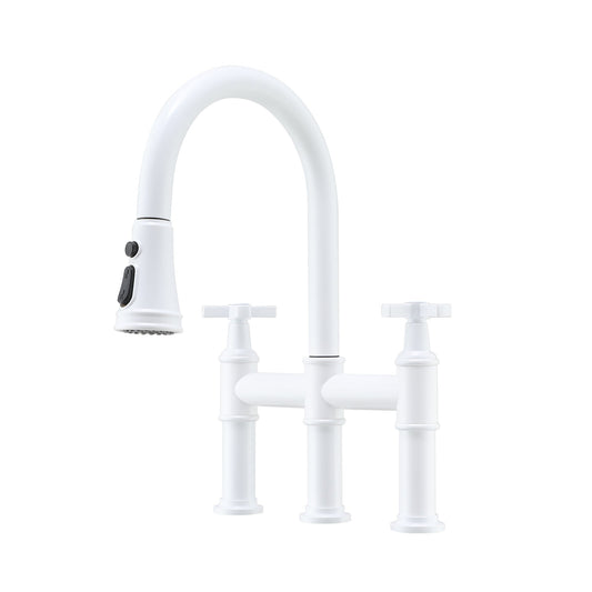 MONDAWE Bridge Kitchen Faucet with 3 Way Spray Function,High Arc Kitchen Faucet with Pull Down Sprayer 2 Handles 8 inch Widespread 360 Swivel Spout