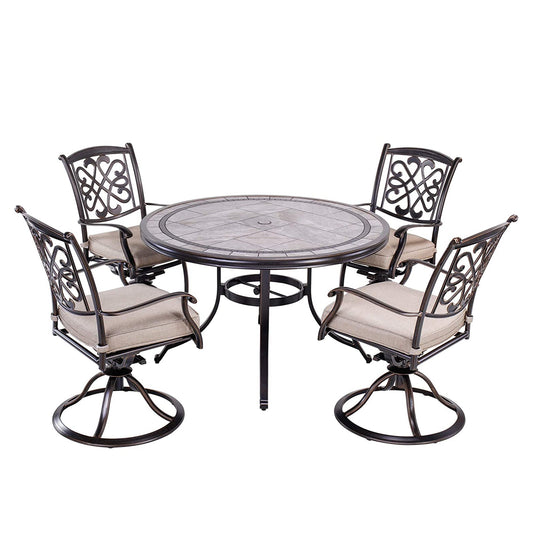 MONDAWE 5-Piece Cast Aluminum Outdoor Dining Set with Umbrella Table and 4 Swivel Chairs with Cushions