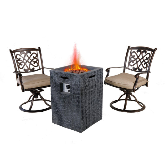 MONDAWE 3-Piece Cast Aluminum Patio Fire Pit Seating Set with Beige Cushion, 2 Swivel Chairs, for Garden Yard