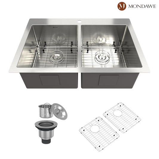 Drop-In 33-in x 22-in Brushed Stainless Steel Double Bowl Kitchen Sink