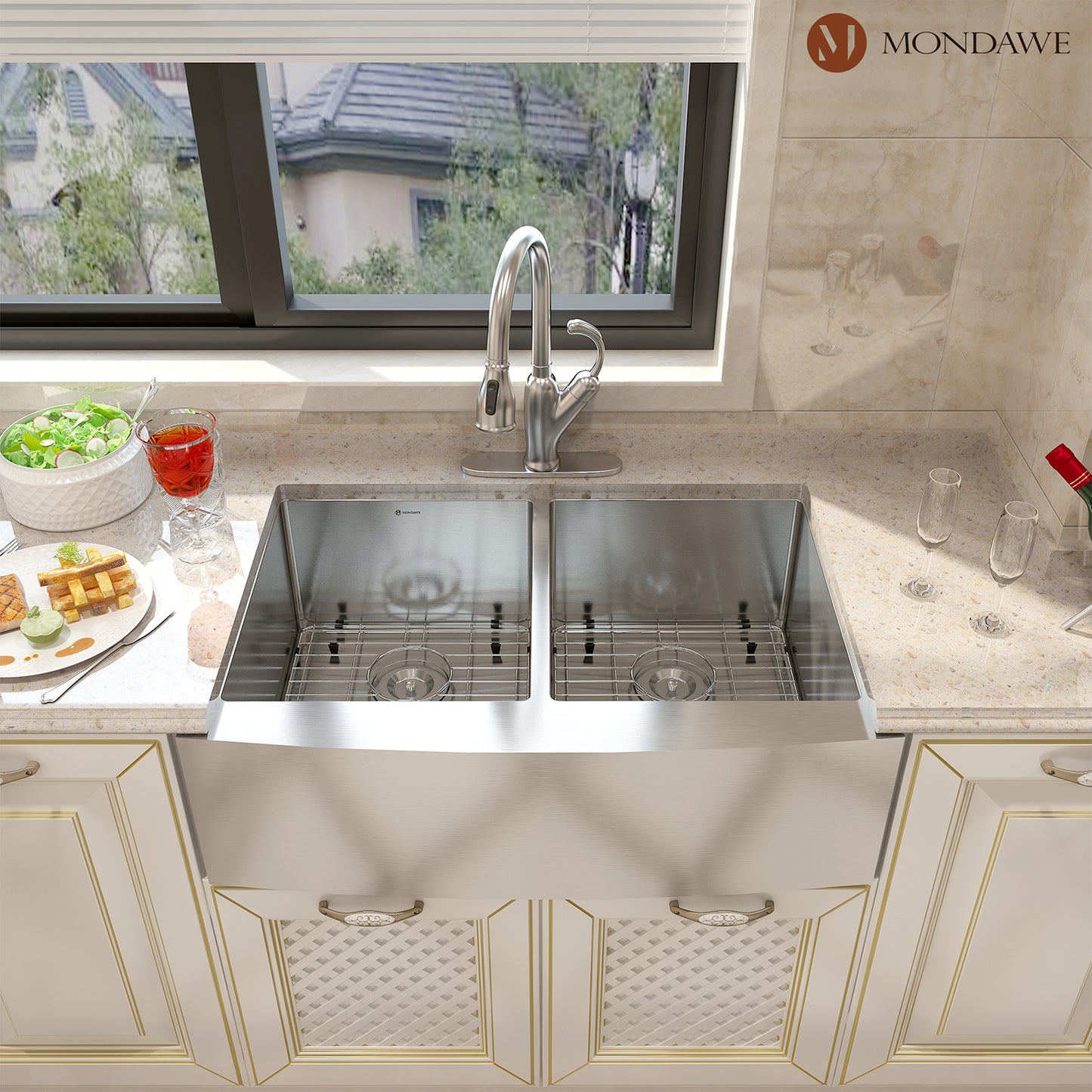 33 inch Farmhouse Apron Front 33-in x 22-in Brushed Stainless Steel Double Bowl Kitchen Sink