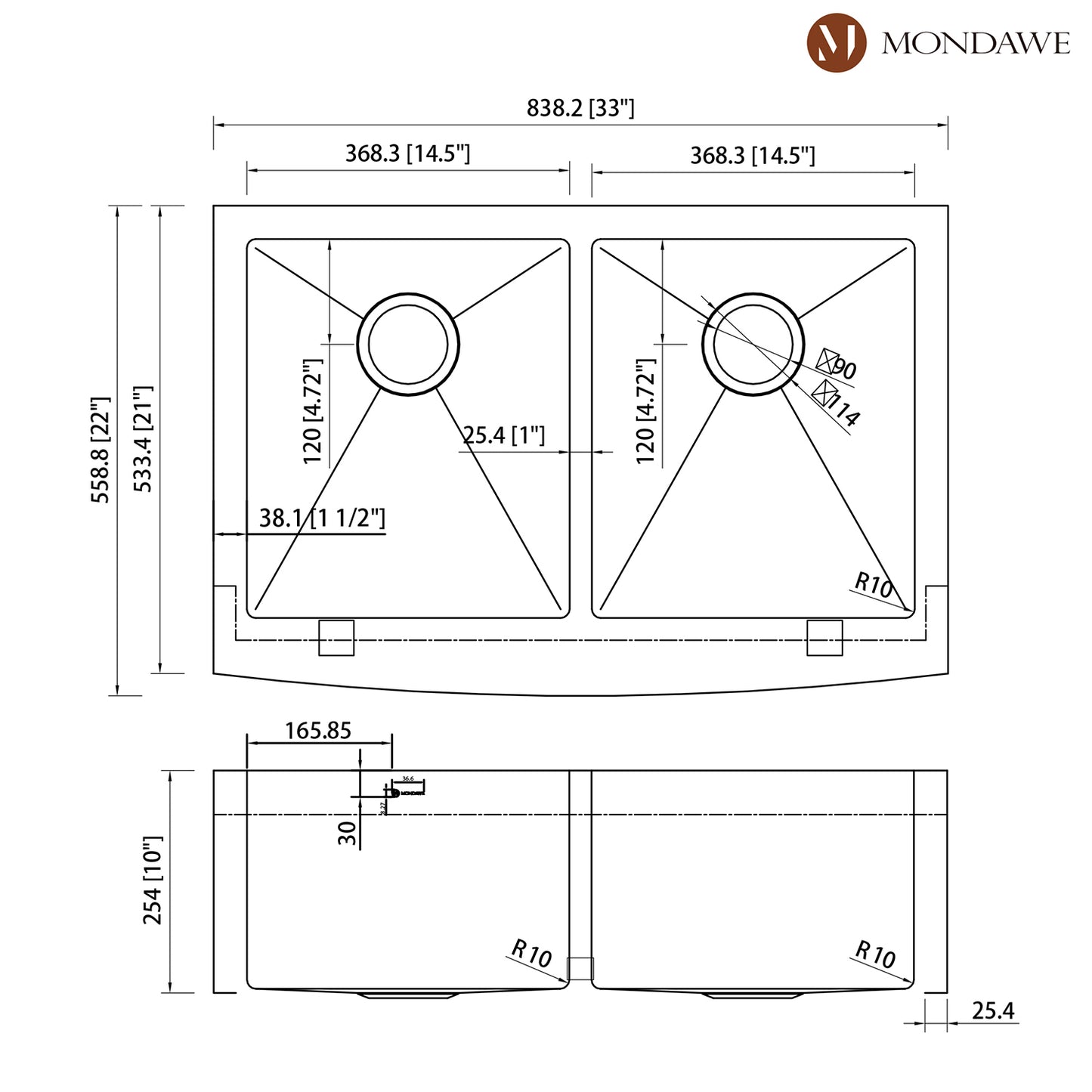 33 inch Farmhouse Apron Front 33-in x 22-in Brushed Stainless Steel Double Bowl Kitchen Sink