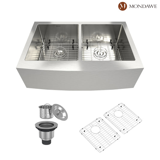 33 inch Farmhouse Apron Front 33-in x 22-in Brushed Stainless Steel Double Bowl Kitchen Sink