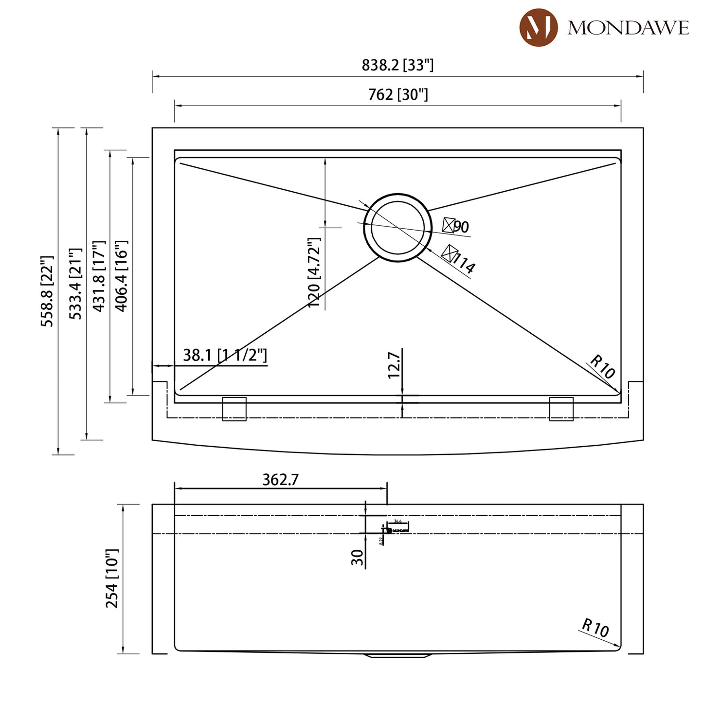 33inch Farmhouse Apron Front 33-in x 22-in Brushed Stainless Steel Single Bowl Workstation Kitchen Sink