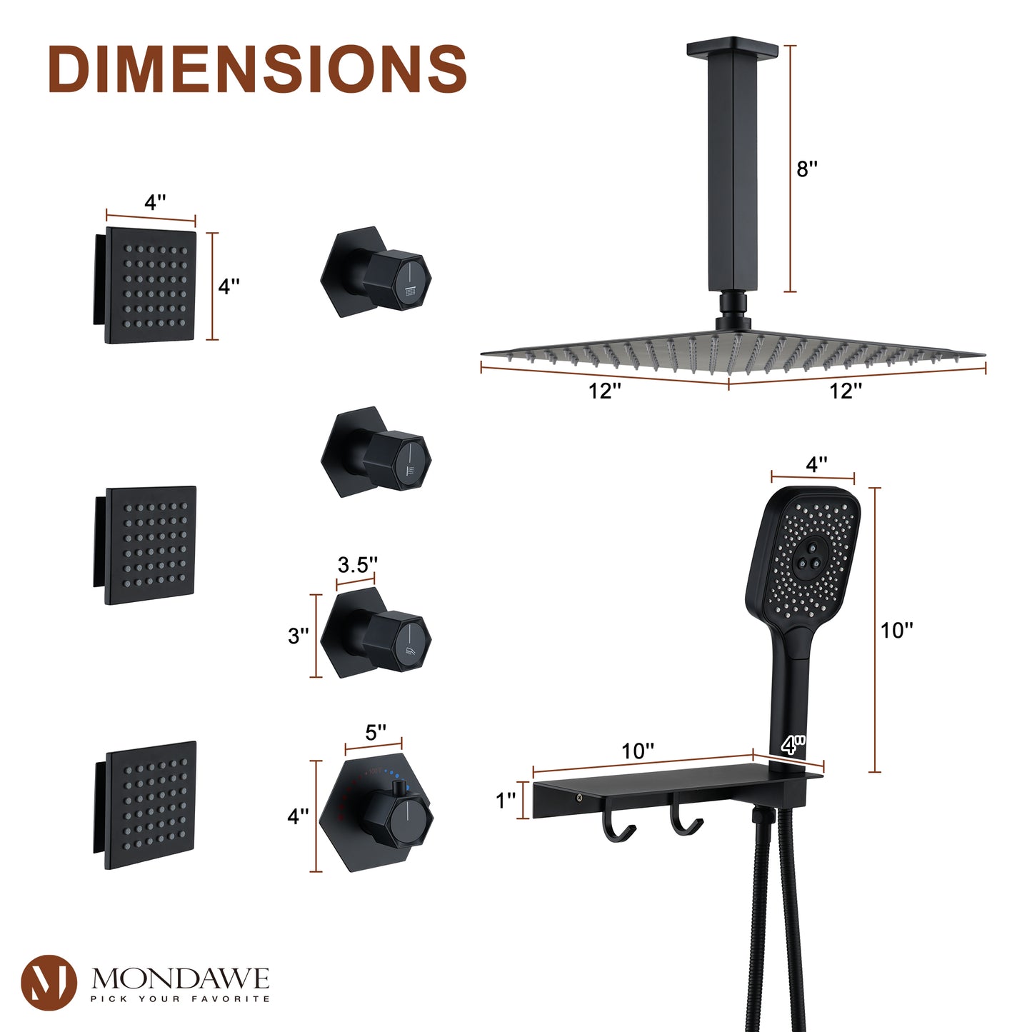 12in Thermostatic Ceiling Mount 3 Functions Shower System with Body Jets and Storage Shelf