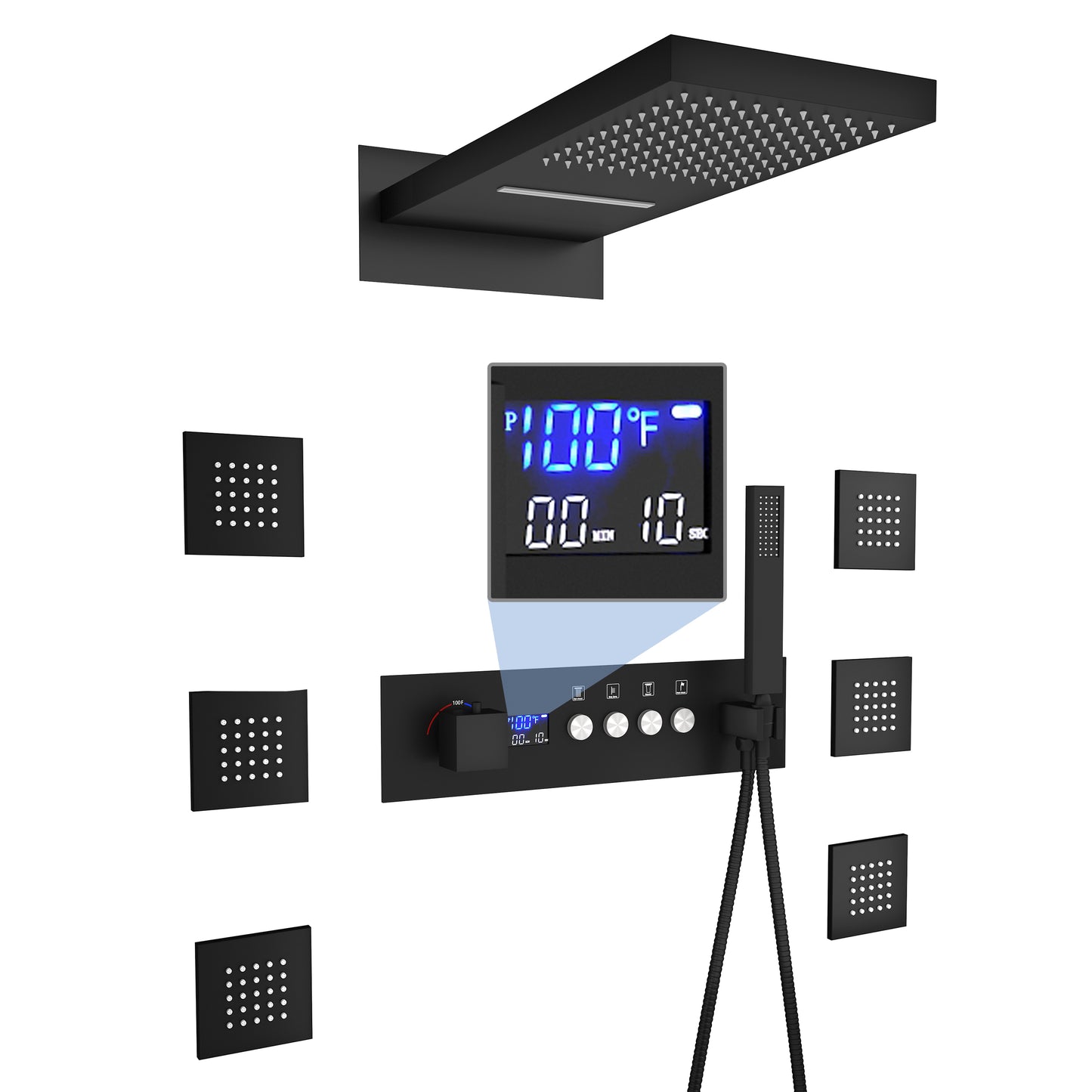 MDBR01026SX22MB Mondawe Thermostatic Wall Mounted Complete Shower System with Digital Display and Body Jets