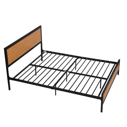 MONDAWE Industrial Platform Queen Bed Frame/Mattress Foundation with Rustic Headboard and Footboard, Strong Steel Slat Support in Brown