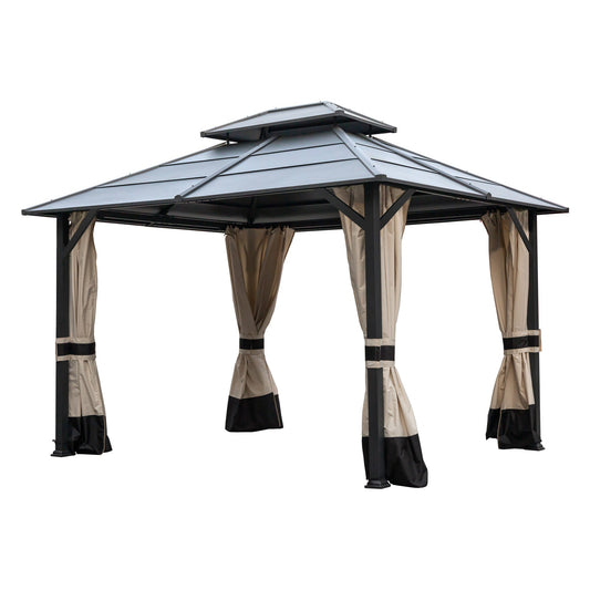 MONDAWE 10 ftx12 ft Metal Hardtop Double Roof Patio Gazebo with Netting and Curtains