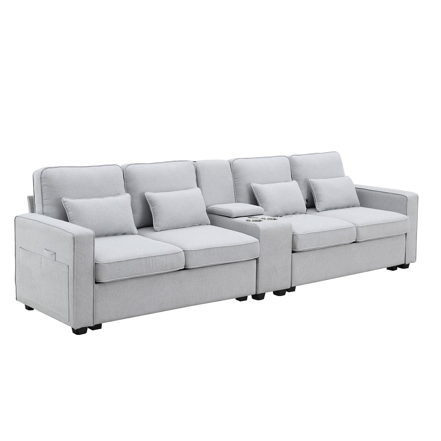 MONDAWE 4-Seat Upholstered Sofa with Console 2 Cupholders and 2 USB Ports Wired or Wirelessly Charged