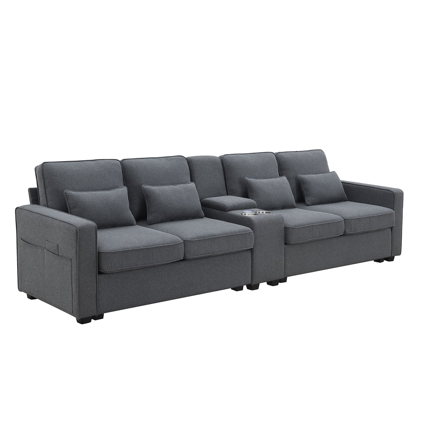 MONDAWE 4-Seat Upholstered Sofa with Console 2 Cupholders and 2 USB Ports Wired or Wirelessly Charged