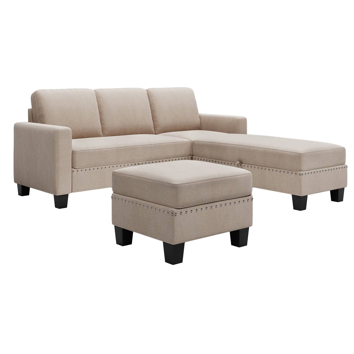 MONDAWE Reversible Sectional Couch with Storage Ottoman L-Shaped Sofa,Sectional Sofa with Chaise,Nailheaded Textured Fabric 3 pieces Sofa Set