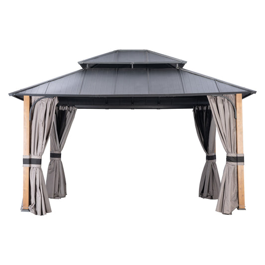 MONDAWE 12 ftx14 ft Hardtop Gazebo Double Roof Aluminum Patio Gazebo with Netting and Curtains