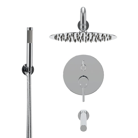 Mondawe 10-Inch Three-function Wall-mounted Round Shower Set With Swivel Bathtub Spout in Chrome