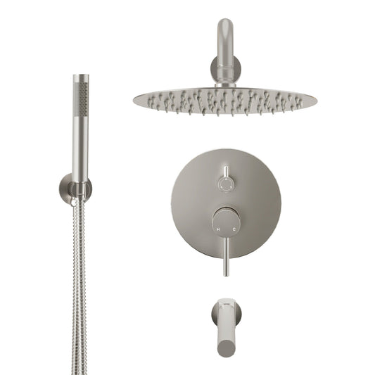 10-Inch Three-function Wall-mounted Round Shower Set With Swivel Bathtub Spout in Brushed Nickle