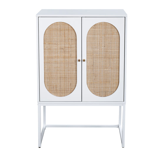 mondawe free standing natural rattan 2 door high cabinet built in adjustable shelf for living room bedroom