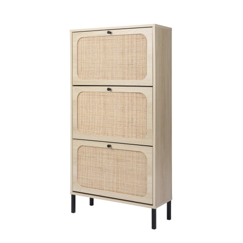 Natural  Rattan 3 Door Shoe Rack, Freestanding Modern Shoe Storage Cabinet, for Entryway