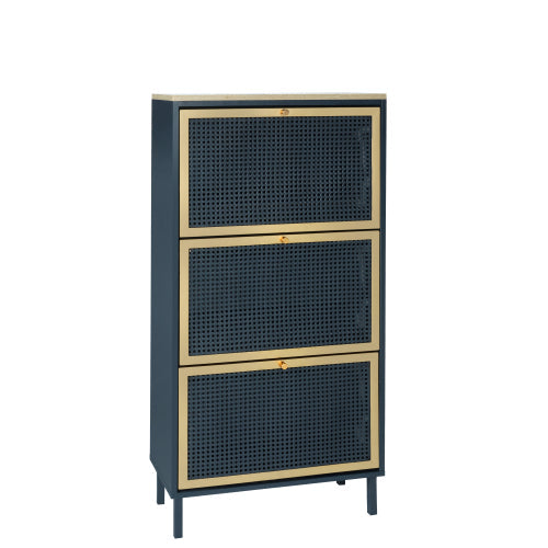 3 Metal Door Shoe Rack, Freestanding Modern Shoe Storage Cabinet, Metal rattan, for Entryway