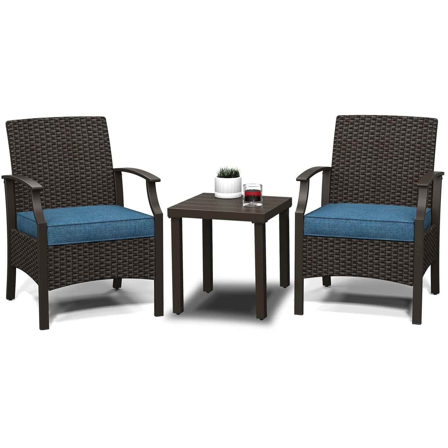 MONDAWE Wicker Formal Dinning Chair Side Table Set With Soft Cushions In Metal Frame (Set of 3)