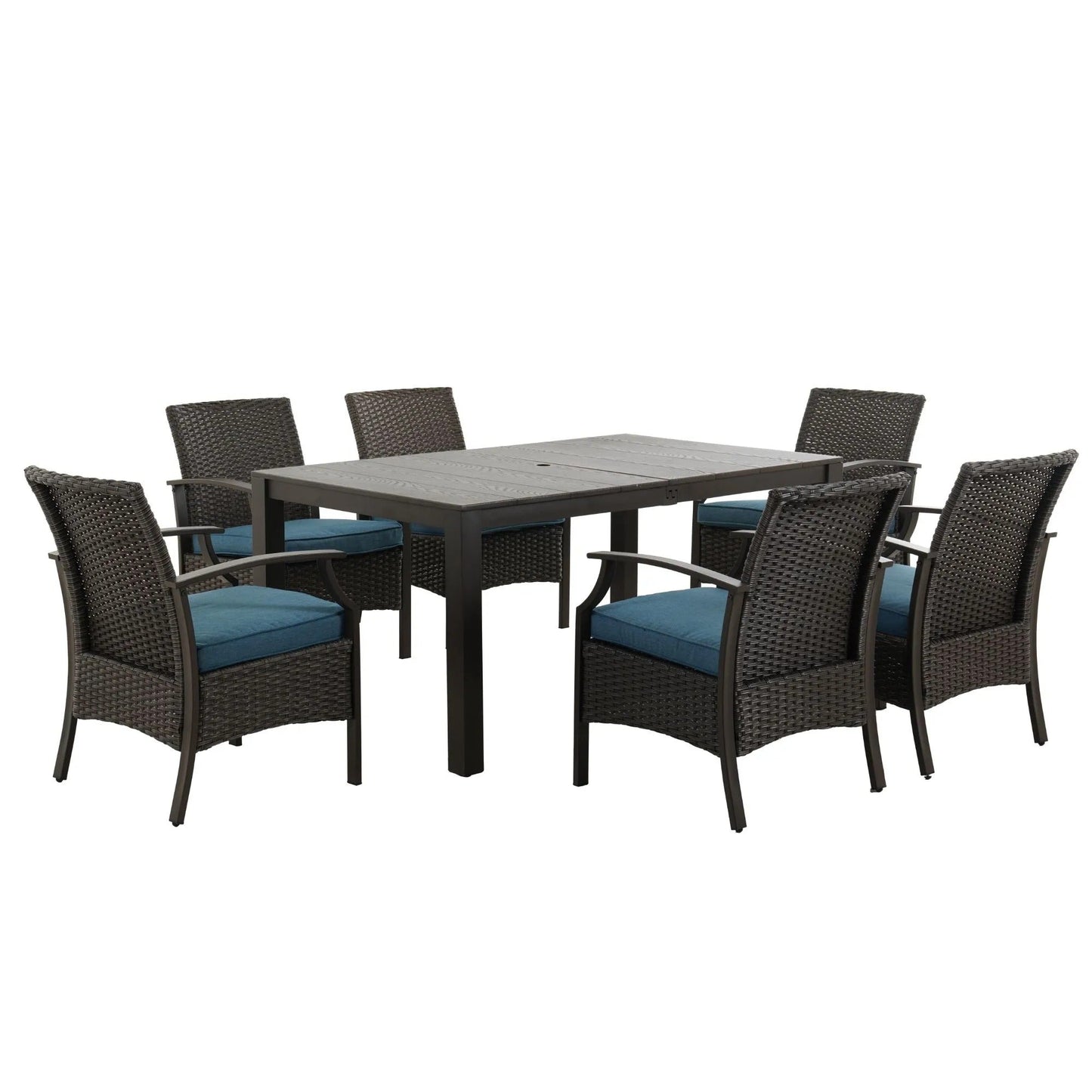 MONDAWE Wicker Formal Dinning Table and Seating Arm Chair Set With Blue Cushions In Metal Frame (Set of 7)