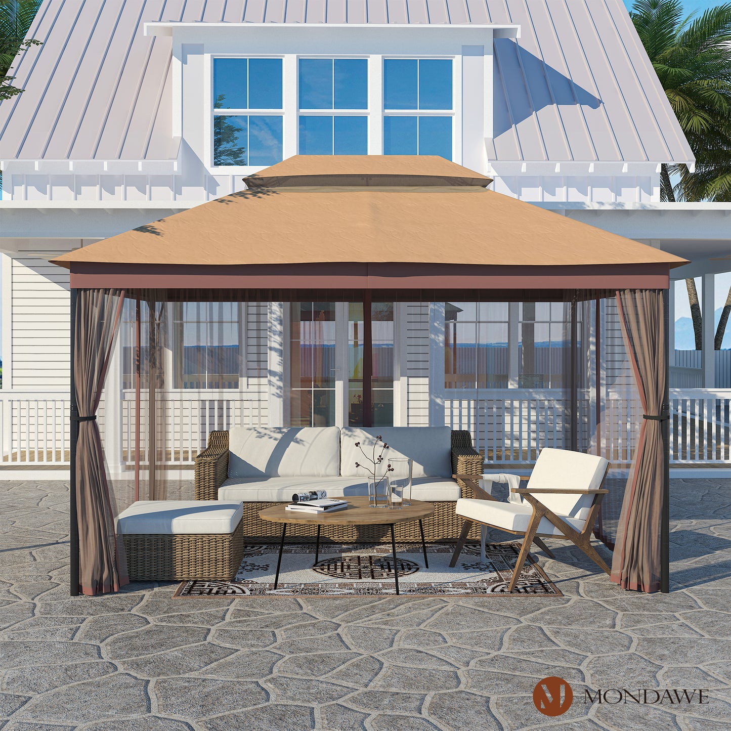 10 ft. x 13 ft. Outdoor Iron Frame Patio Gazebo Double Straight Top Pavilion Canopy Tent Shelter with Netting or Curtains