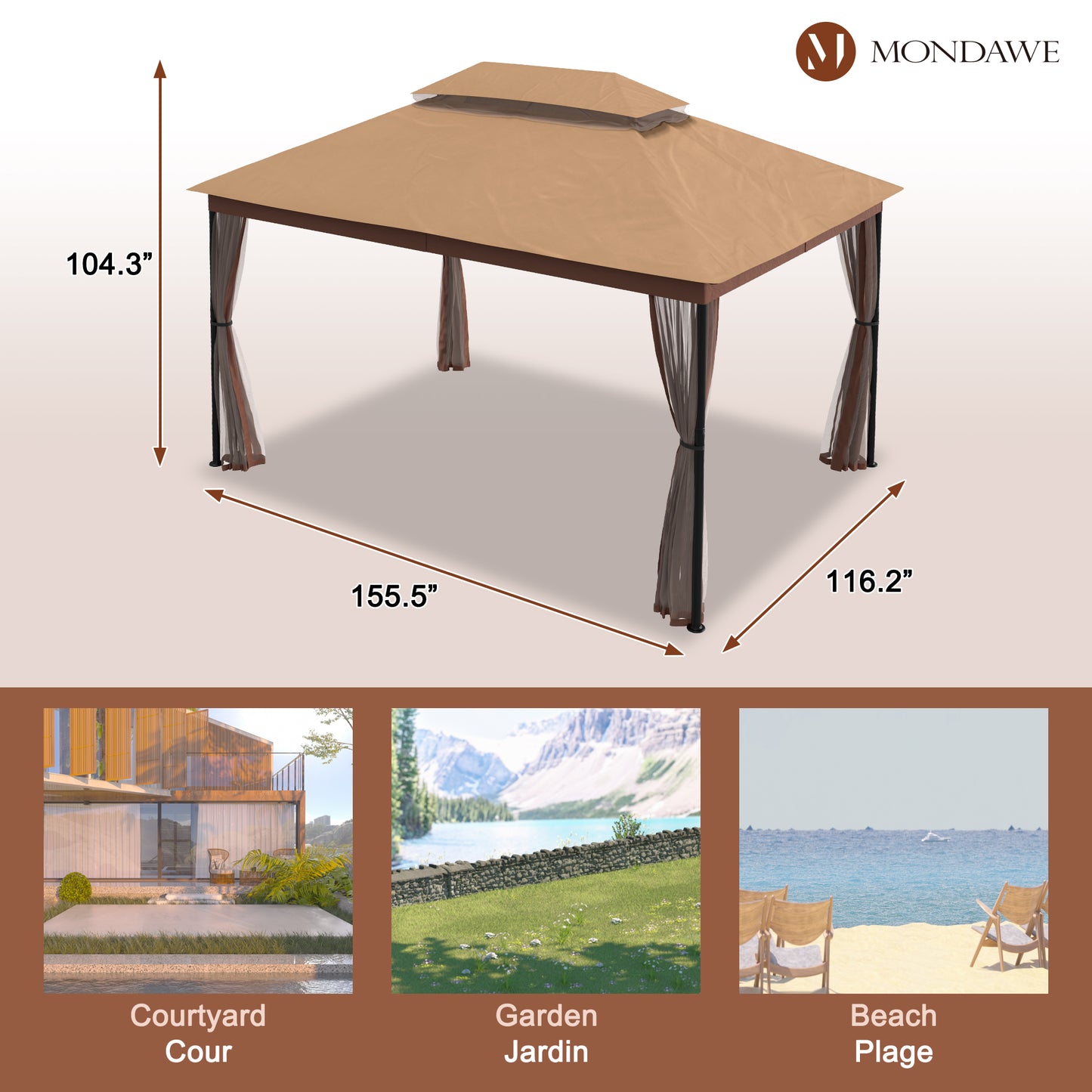 10 ft. x 13 ft. Outdoor Iron Frame Patio Gazebo Double Straight Top Pavilion Canopy Tent Shelter with Netting or Curtains