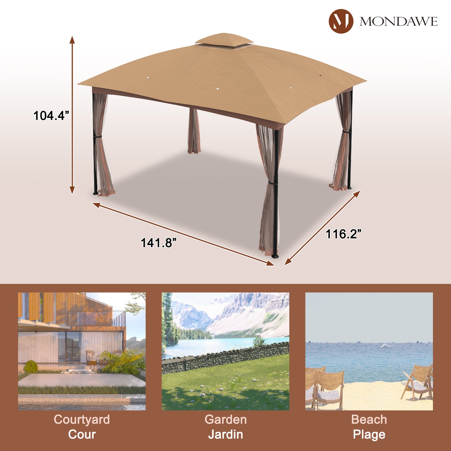 10ft. x12 ft. Outdoor Iron Frame Gazebo with Double Arc Top With Netting and Curtains for Patio or Garden