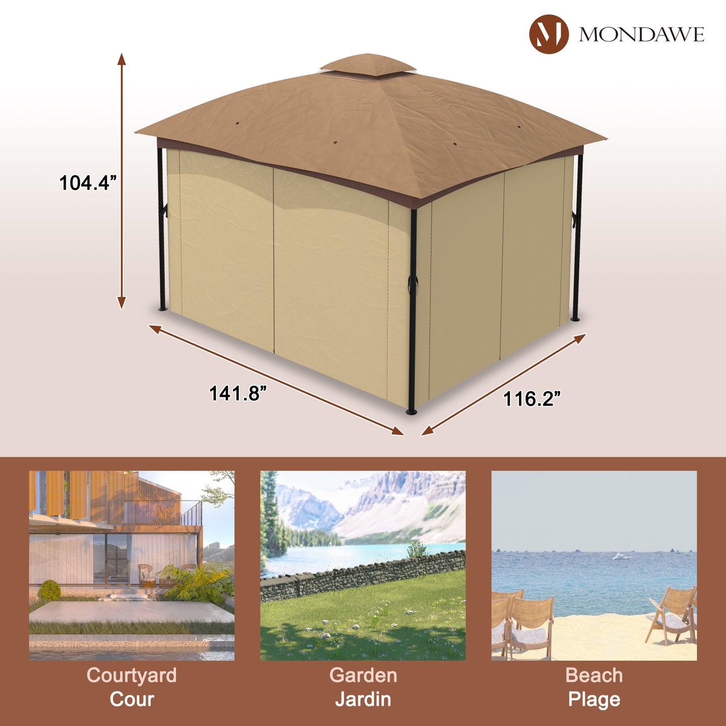 10ft. x12 ft. Outdoor Iron Frame Gazebo with Double Arc Top With Netting and Curtains for Patio or Garden