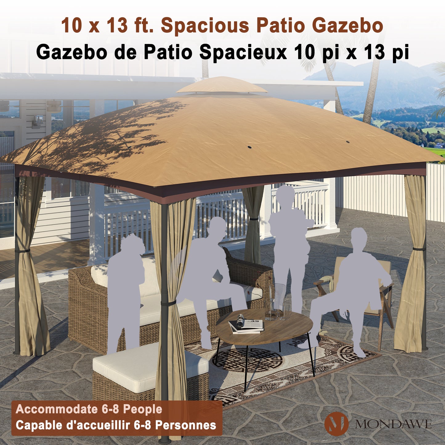 10ft. x12 ft. Outdoor Iron Frame Gazebo with Double Arc Top With Netting and Curtains for Patio or Garden