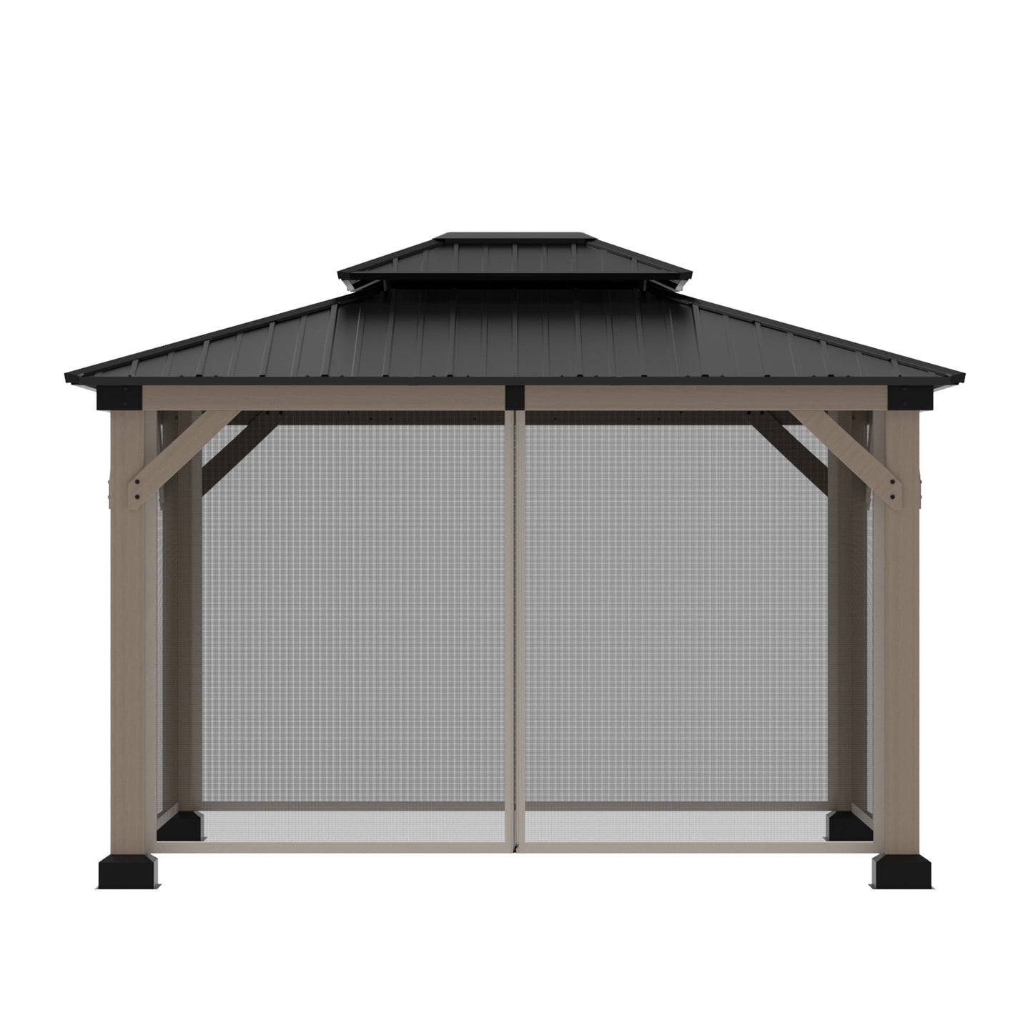 Mondawe 10x12Ft. Outdoor Solid Wood Frame Patio Gazebo Galvanized Steel Hardtop with Netting