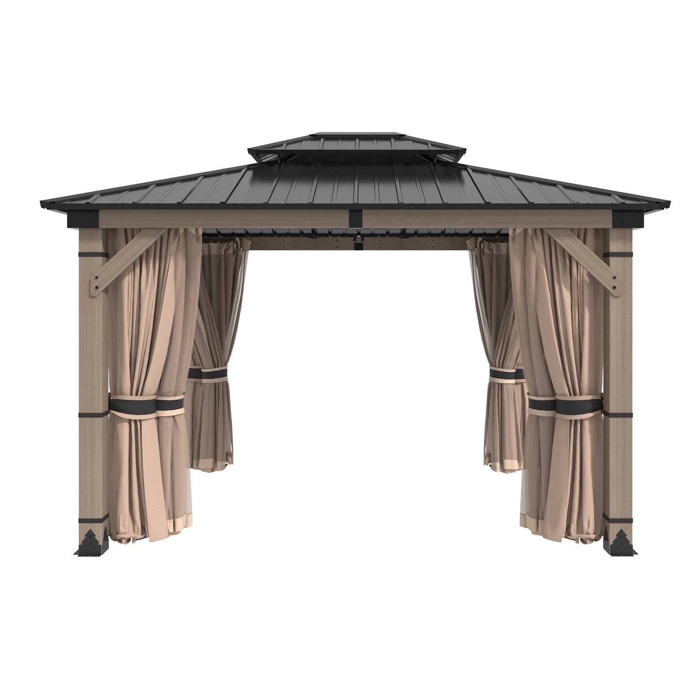 MO-KTSC12SND Mondawe 10x12Ft. Outdoor Solid Wood Frame Patio Gazebo Galvanized Steel Hardtop w/Curtain & Netting