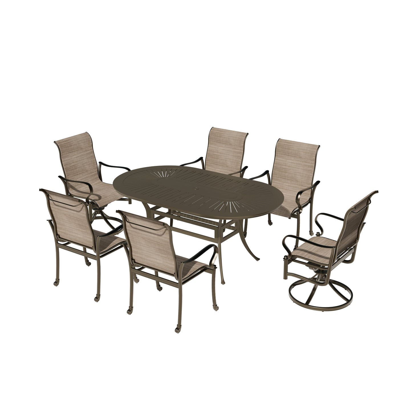 Mondawe 7 Pieces Cast Aluminum Outdoor Patio Dining Set with 2 Swivel Chair and 4 Armchairs and 1 Oval Table