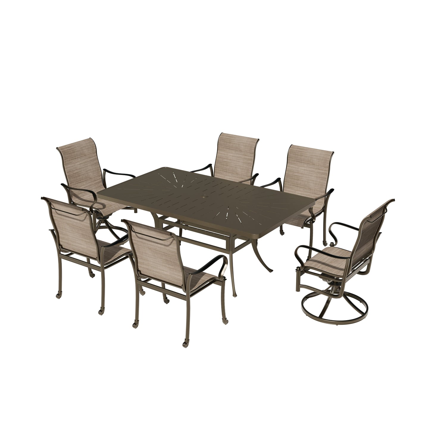 Mondawe 7 Pieces Cast Aluminum Outdoor Patio Dining Set with 2 Swivel Chair and 4 Armchairs and 1 Rectangle Table