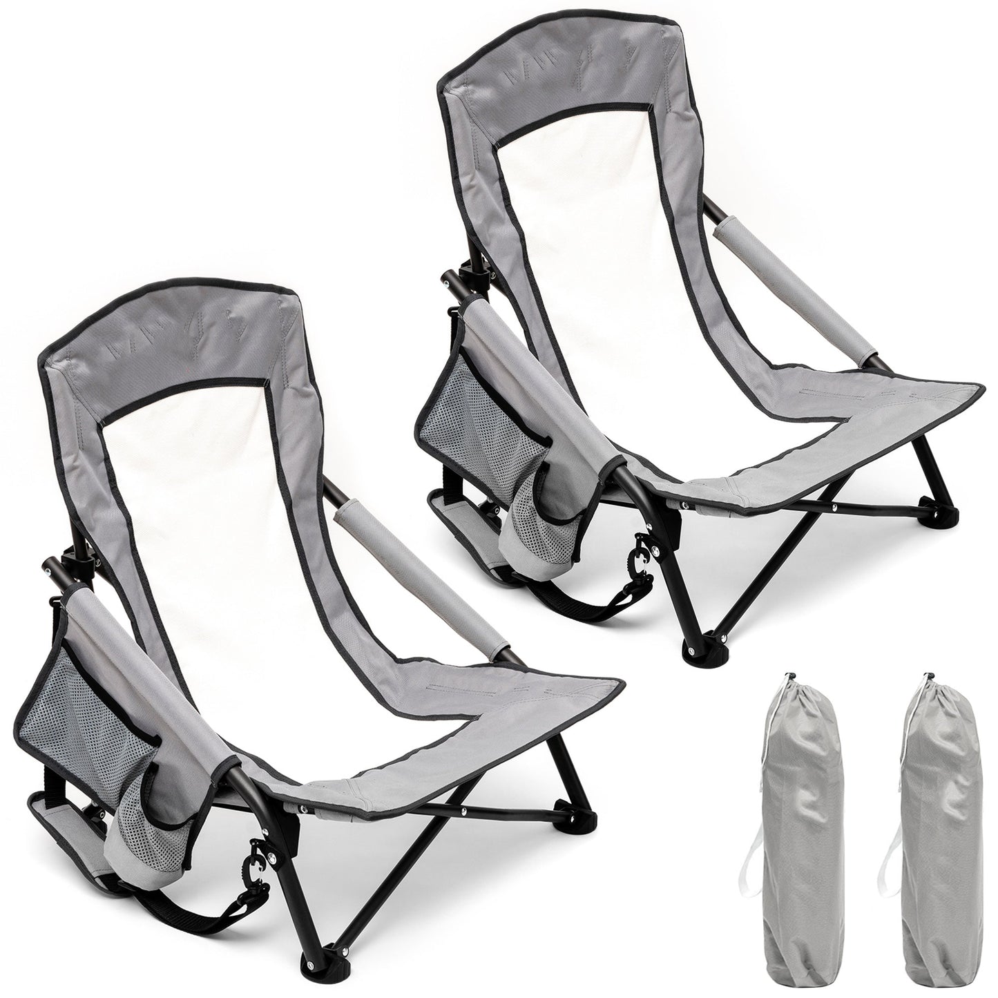 MONDAWE Gray Metal Patio Folding Beach Chair Lawn Chair Camping Chair with Side Pockets and Built-in Shoulder Strap (Set of 2)