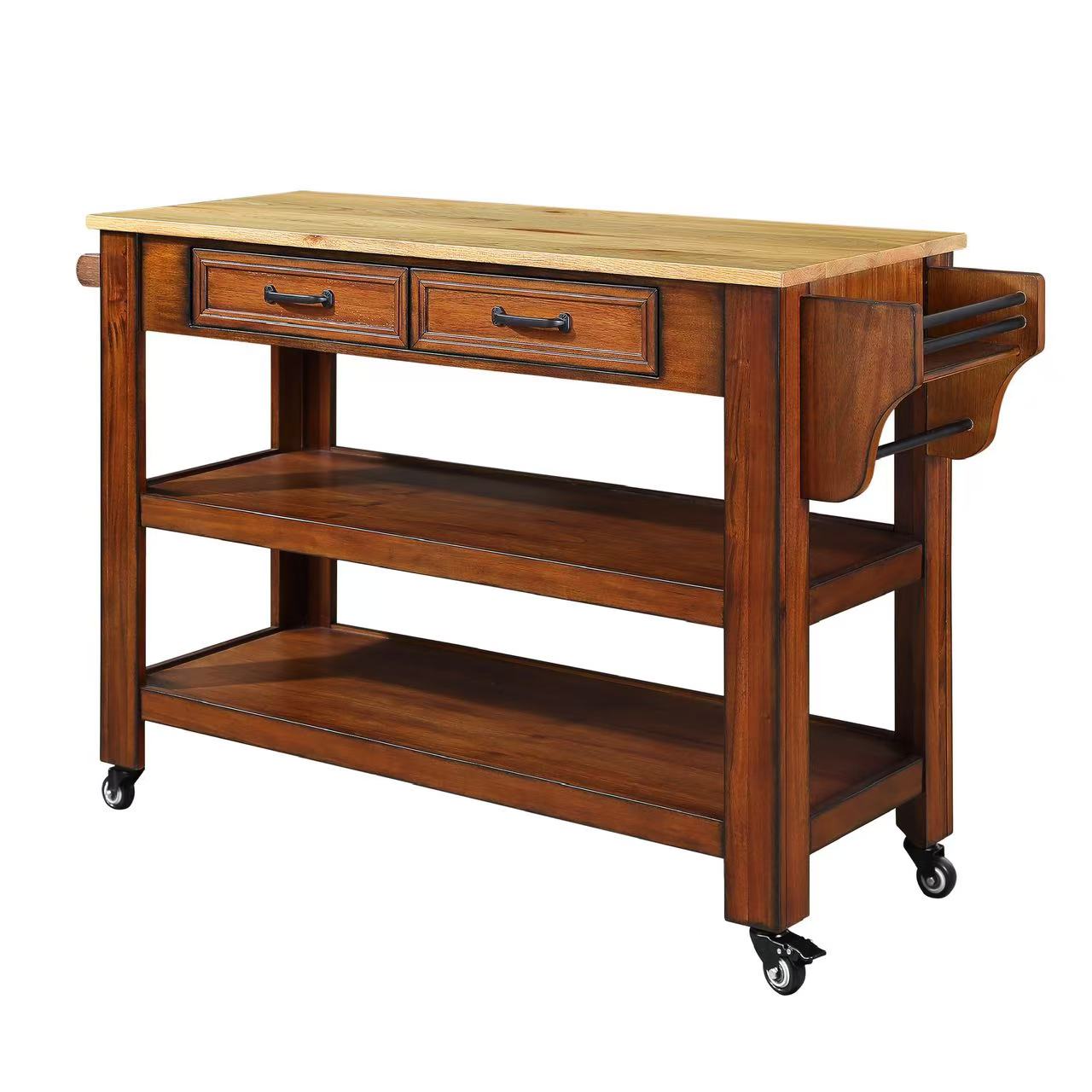 Mondawe 57 Inch Solid Oak Countertop Kitchen Cart, Double-Sided Kitchen Cart With Wheels And Drawers