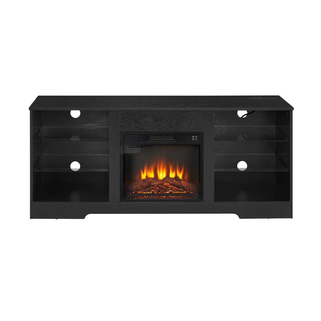 Mondawe Modern Fireplace Glass Frame TV Station, TV Entertainment Console With USB Charging Socket