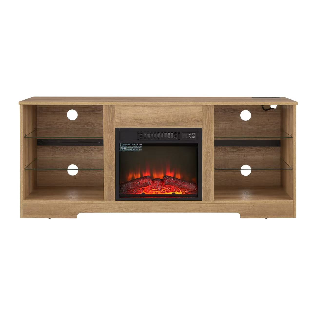 Mondawe Modern Fireplace Glass Frame TV Station, TV Entertainment Console With USB Charging Socket