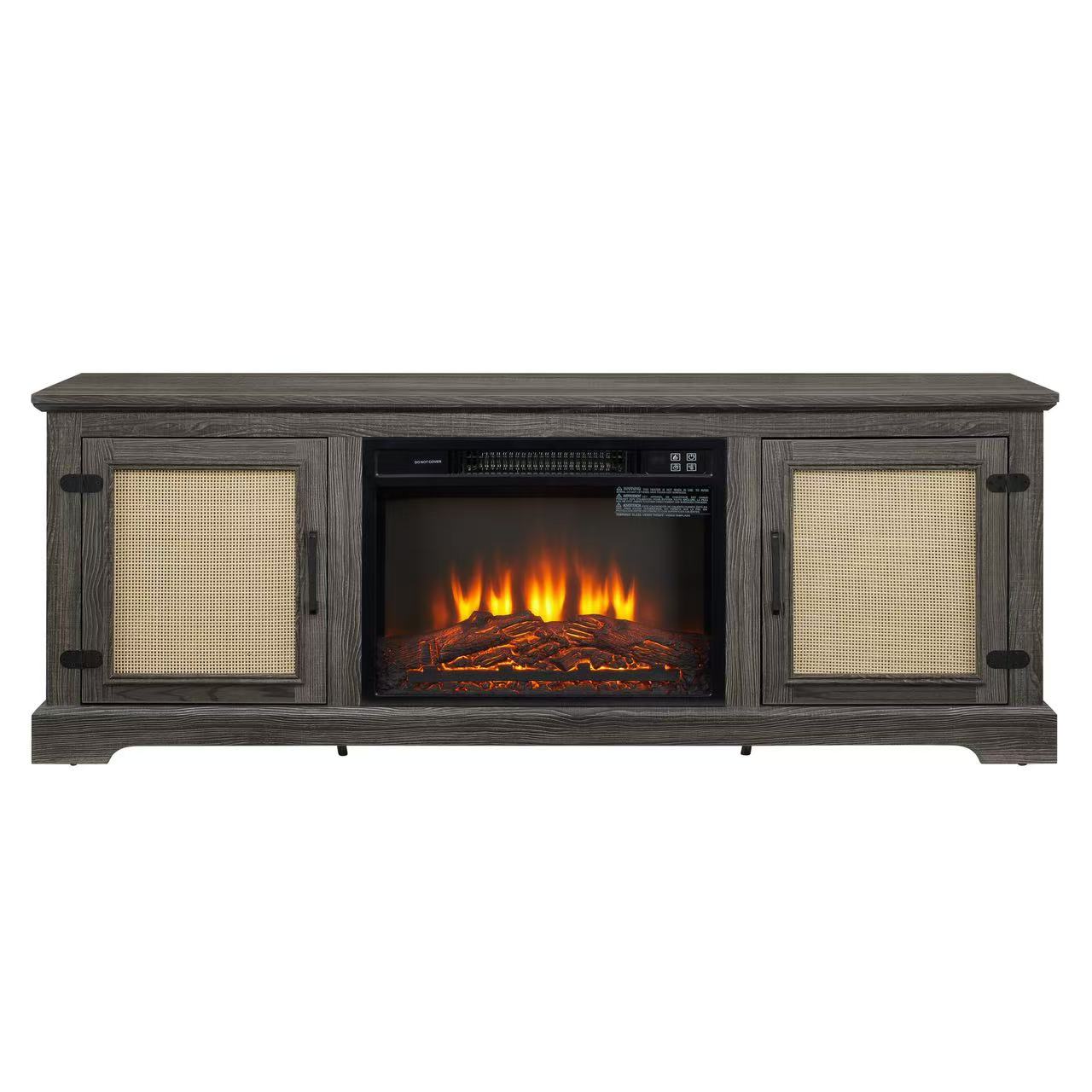 Mondawe Farmhouse Rattan TV Stand Console With Fireplace, Suitable For Storage Of TV Under 70 Inches